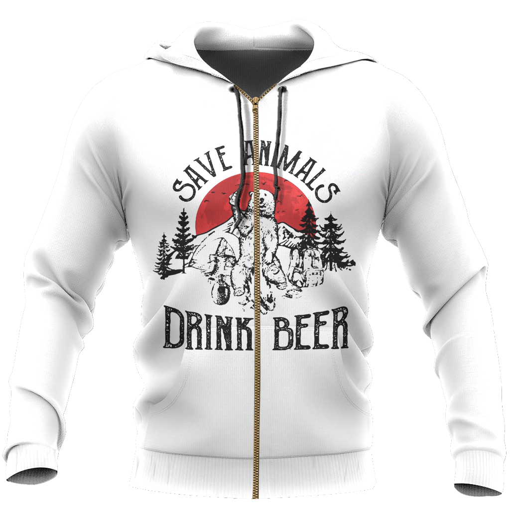 Save Animals Drink Beer- Camping Bear NNKB109-Apparel-NNK-Zip-Up Hoodie-S-Vibe Cosy™