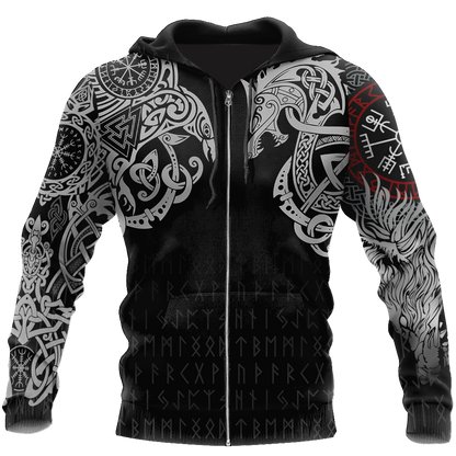 Ragnarok Warrior Tattoo Fenrir and Odin Raven 3D All Over Print Hoodie