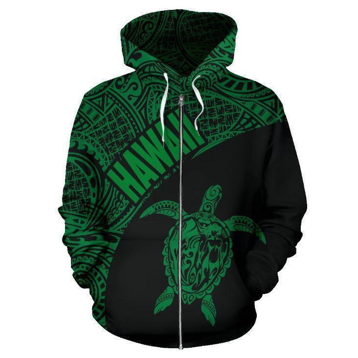 Hawaii Hoodie Turtle Mermaid Polynesian Wave - Green Hoodie-Apparel-Phaethon-Zipped Hoodie-S-Vibe Cosy™