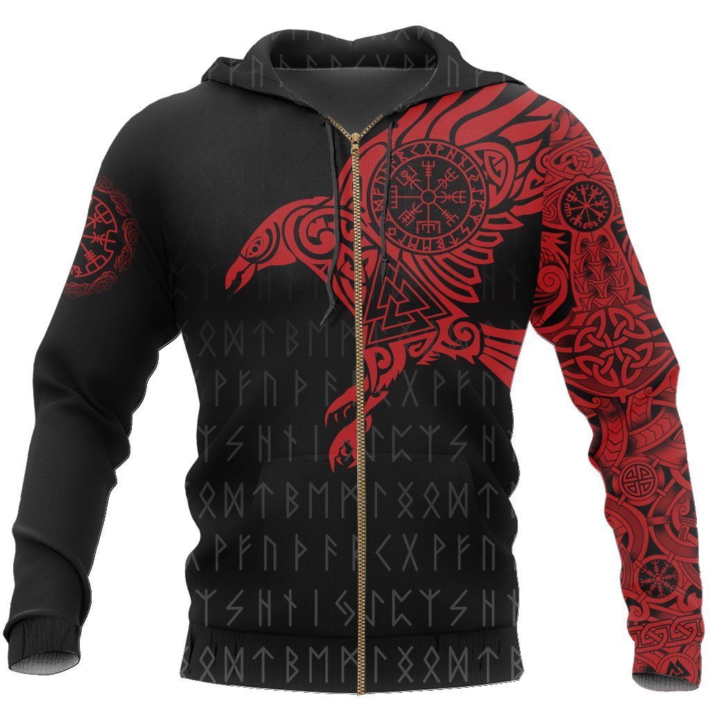 Vikings - The Raven of Odin Tattoo Red Hoodie-Apparel-HP Arts-Zipped Hoodie-S-Vibe Cosy™