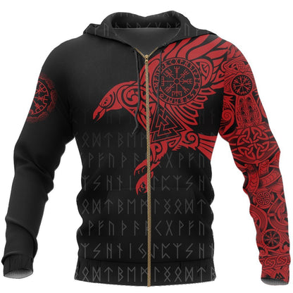 Vikings - The Raven of Odin Tattoo Red Hoodie-Apparel-HP Arts-Zipped Hoodie-S-Vibe Cosy™