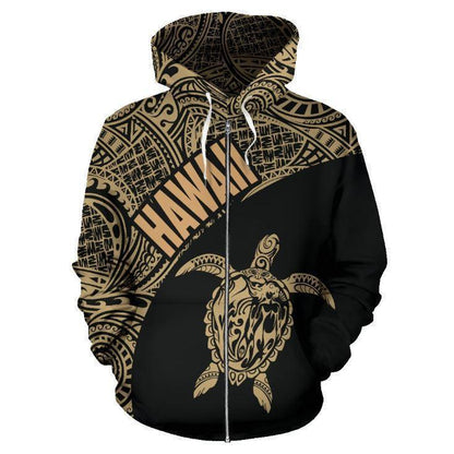 Hawaii Hoodie Turtle Mermaid Polynesian Wave - Gold Hoodie-Apparel-Phaethon-Zipped Hoodie-S-Vibe Cosy™