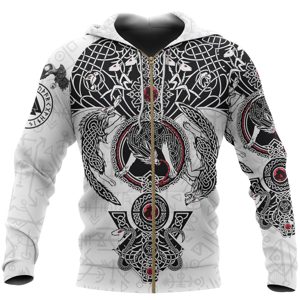Fenrir Wolf White Hoodie-Apparel-HP Arts-Zipped Hoodie-S-Vibe Cosy™