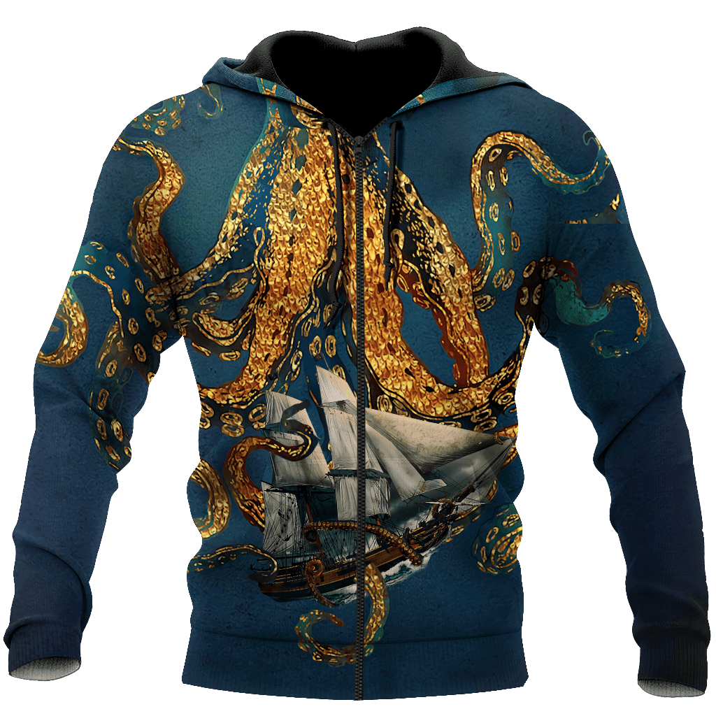 Premium Unisex Hoodie Black And White Kraken Octopus King of The Seven Seas ML