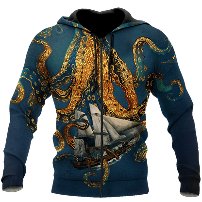 Premium Unisex Hoodie Black And White Kraken Octopus King of The Seven Seas ML